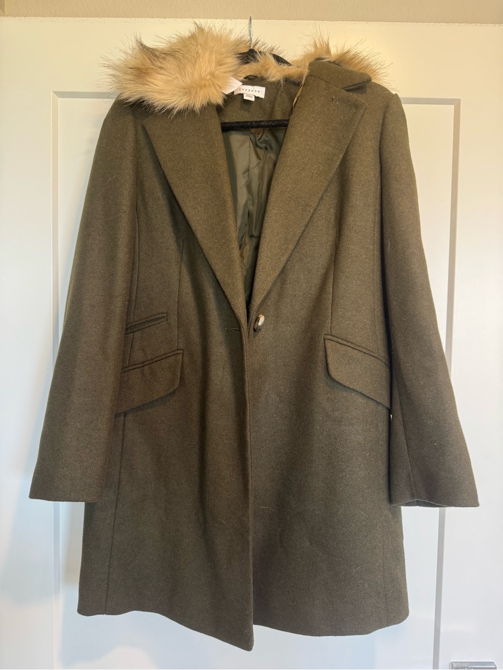Topshop Olive Green Trench Coat with Faux Fur Trim